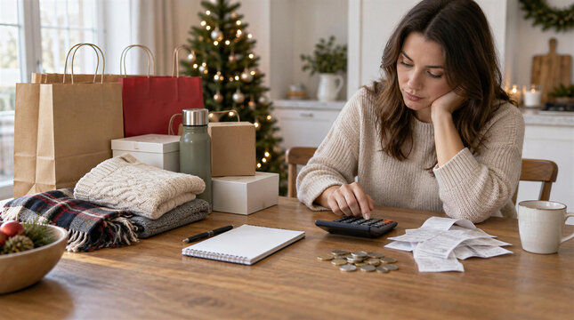 Woman calculating budget reviewing holiday shopping expenses