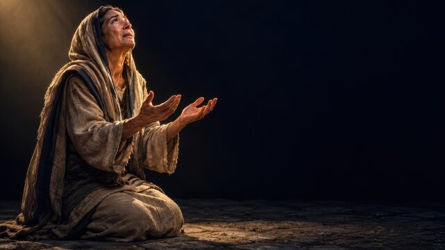 Biblical-era man kneeling with open hands in prayer. Philippians 4:6 and New Testament faith. Christian worship, supplication and trust in God. Biblical times concept with copy space