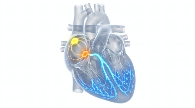 Transparent heart with glowing nodes and conduction pathways