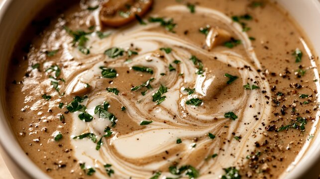 A macro autumn soup background focuses on the glossy surface of mushroom bisque as cream forms delicate swirling patterns, with tiny herb leaves and cracked pepper adding texture around the frame