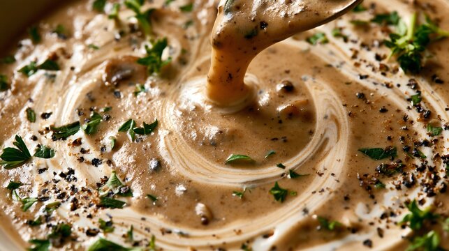 A macro autumn soup background focuses on the glossy surface of mushroom bisque as cream forms delicate swirling patterns, with tiny herb leaves and cracked pepper adding texture around the frame