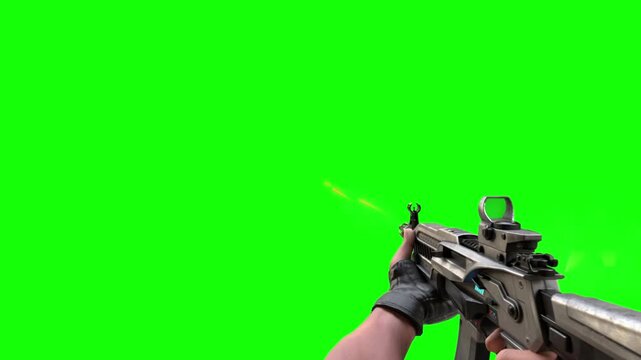 First person perspective video footage of shooting automatic rifle weapon against green screen background