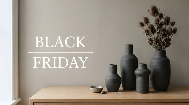Black friday minimalist interior decor with vases and dried flowers
