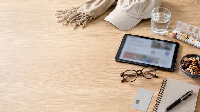 Thoughtful tabletop still life suggests mature consumer target market through wellness, finance and digital use, avoiding stereotypes and keeping lifestyle modern.