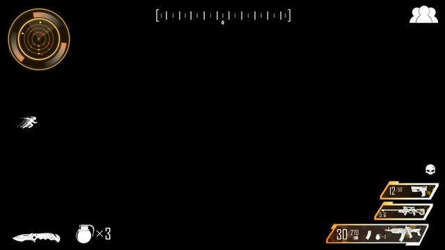 Video game HUD overlay interface featuring a modern tactical radar and weapon inventory setup motion clip