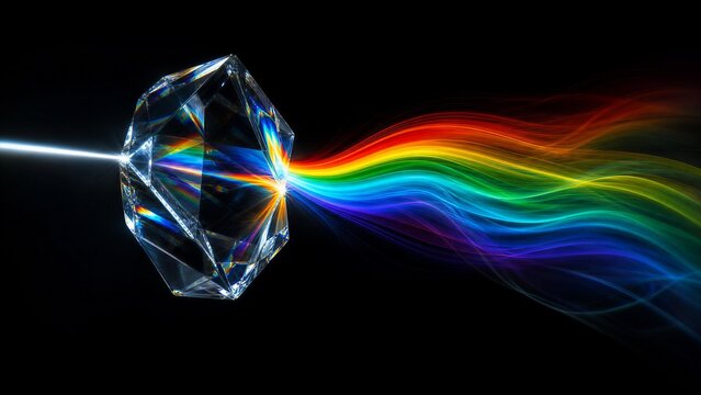 Photographic render of a multi-faceted crystal prism. White light beam splits internally, emerging as a cascade of elegant, sinuous rainbow light trails forming a flowing wave