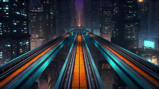 Futuristic Monorail Track Moving Through Neon-Lit Urban Cityscape at Night Cinematic View