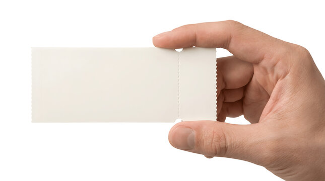 Hand holding a blank cream perforated ticket stub, isolated on transparent background, ready for event design, coupon layouts, branding, and promotional use