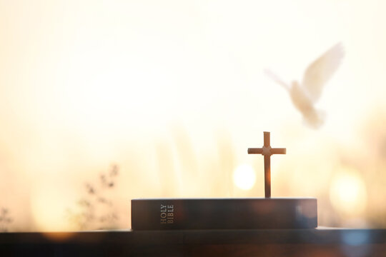 A background featuring the cross of Jesus Christ (symbolizing death and resurrection), a Bible, the dove of the Holy Spirit, prayer, and worship.
