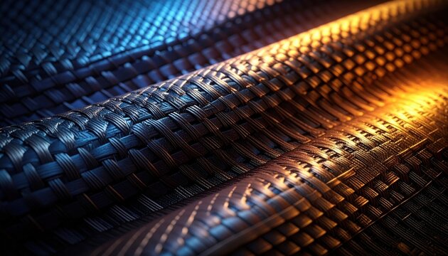 Abstract woven carbon fiber texture with vibrant blue and orange lighting.
