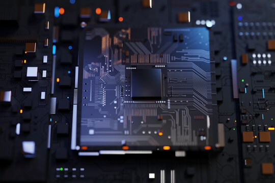 Futuristic CPU microprocessor and chipset on a detailed circuit board