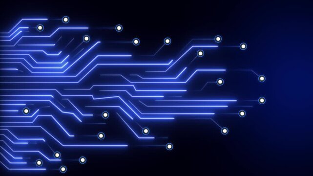 Circuit board animation pulses with high speed data nodes on dark. Processor technology telemetry routes across circuit board. Hardware networking powers the board.