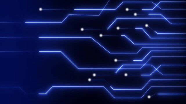 Circuit board animation displays connecting nodes on a dark background. Semiconductor technology telemetry routes on circuit board. Computing systems power the board.