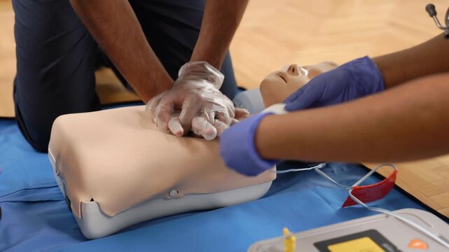 AidMedical students practicing CPR and defibrillator training