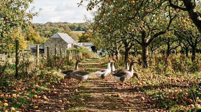 Flock of domestic geese walking along a dirt path in an autumn apple orchard near a rustic stone barn
