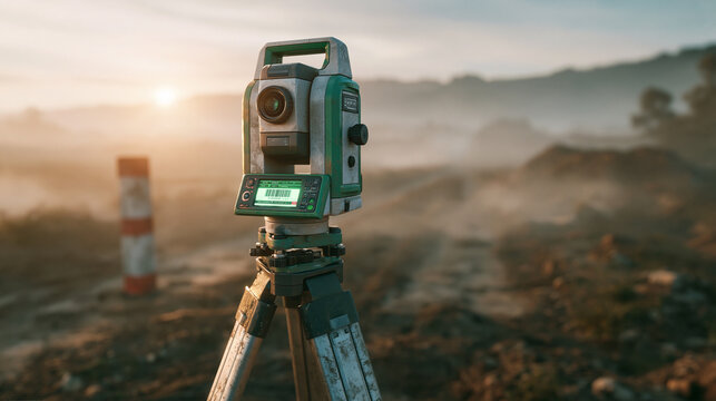 Green robotic total station at construction site, misty morning light for outdoor survey solutions.