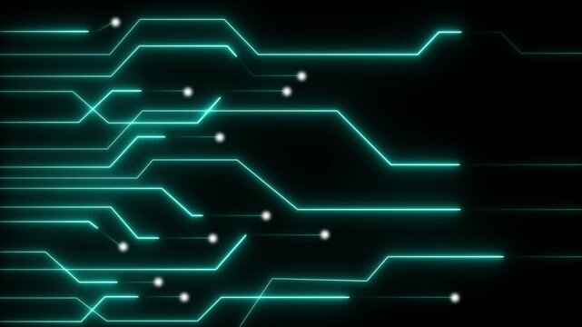 Circuit board animation displays data tracks on a dark background plane. Semiconductor computing telemetry routes on circuit board. Digital hardware runs the board.