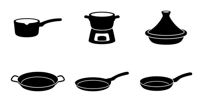 Kitchen cookware silhouettes set with saucepan, fondue pot, tagine, and frying pans for cooking and food design