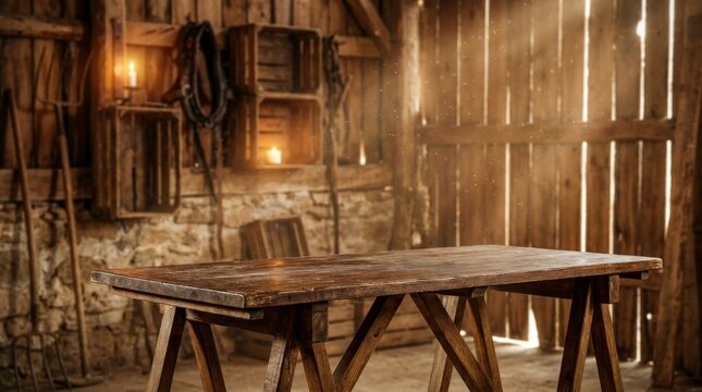 Empty rustic wooden table in a sunlit vintage barn workshop with warm golden light