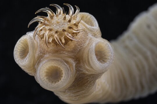 Macro view of tapeworm scolex with hooks and suckers