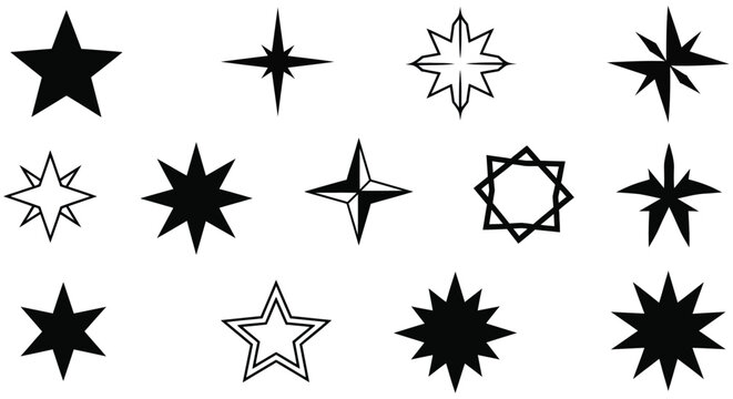 Collection of black and white star shaped silhouettes on a white background