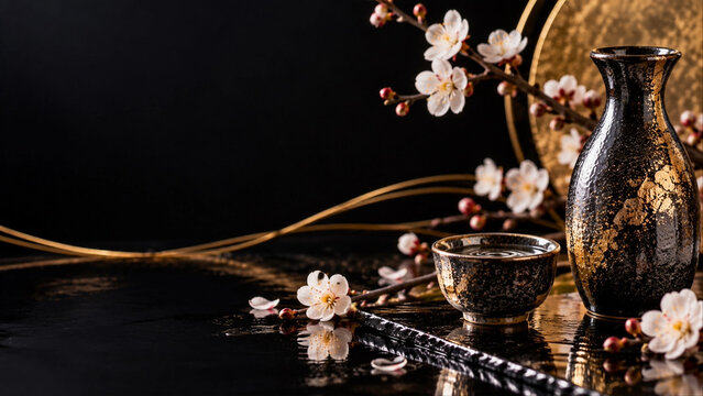 梅の花を添えた黒金の酒器と日本酒