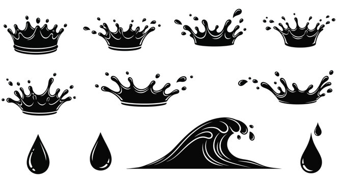 Black and white vector illustration of crowns and water droplets on a white background