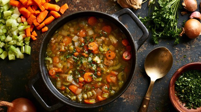 Autumn soup backgrounds use a large overhead cast-iron pot filled with vegetable soup as the focal point, while chopped carrots, celery, onions, herbs