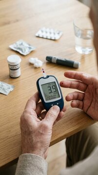 Elderly person checking blood sugar levels with a glucose meter diabetes management at home