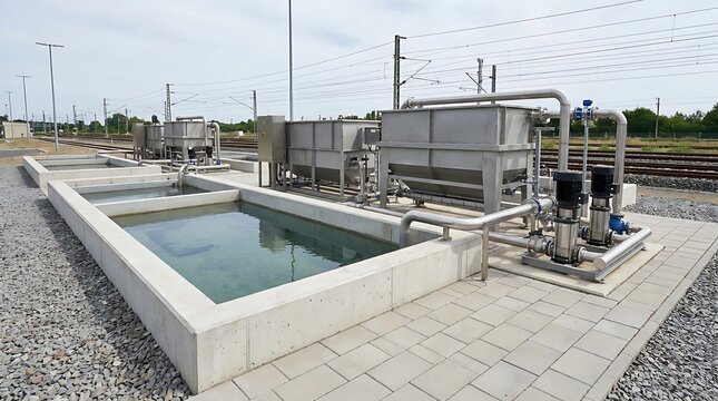 Industrial outdoor water treatment facility, featuring purification tanks and pipes, located next to railway tracks, managing environmental resources