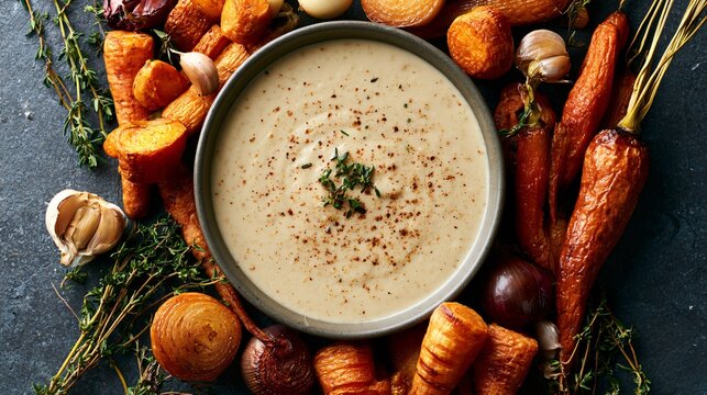 Autumn soup backgrounds use an overhead arrangement of roasted root vegetables around a central bowl of creamy parsnip soup, with carrots, onion, garlic, and thyme forming a loose ingredient frame
