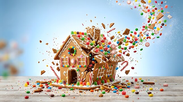 Exploding gingerbread house scattering candies and cookie pieces on a wooden surface
