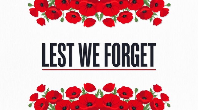 Remembrance day poppy border with lest we forget text on white background