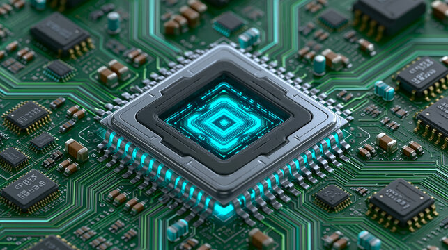 High tech computer processor chip on intricate green circuit board with glowing blue digital light for advanced electronic technology.