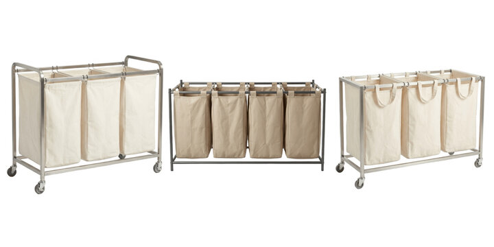 Laundry hamper cart sets PNG essential with fabric bags, rolling metal frames, sorting bins isolated on clean white background organizer pack set

