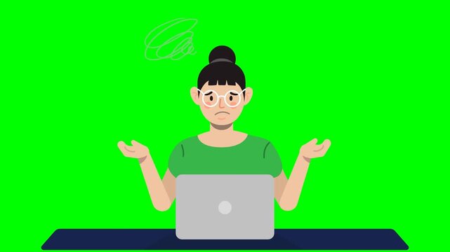 Confused woman shrugging at laptop on green screen