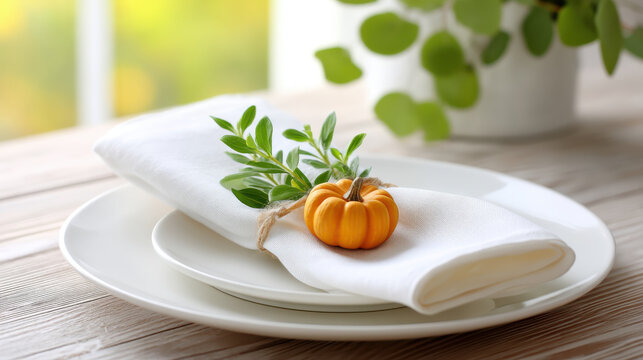 Thanksgiving friendsgiving gatherings table setting with white plate napkin decorated with small pumpkin and green leaves for festive celebration