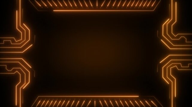 Circuit board frame animation displays empty screen borders on dark. Electronic processor computing telemetry routes on circuit board frame. Display panels use frame.