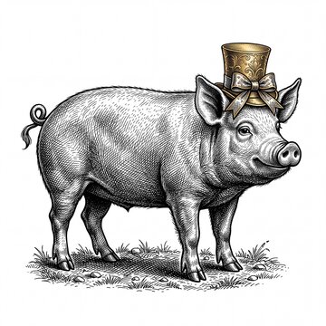 Vintage engraving of a pig wearing a golden top hat with ribbon bow, victorian etching illustration isolated on white background