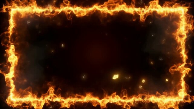 Fiery Rectangular Frame Burning with Sparks on Black