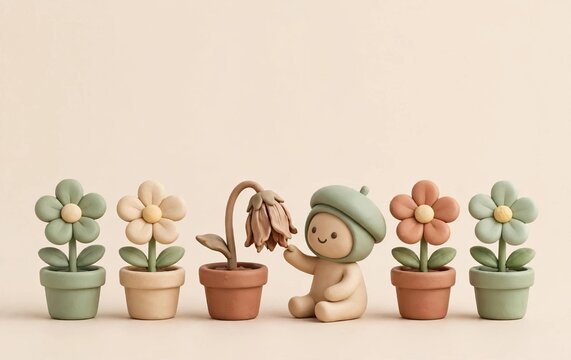 Clay figure in a beret sitting beside a wilted flower among a row of smiling healthy potted flowers, concept of compassion, care and standing out with copy space