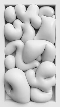 White abstract forms gradually inflate and fill a tall rectangular frame. Soft rounded shapes expand into a clean monochrome 3D composition.