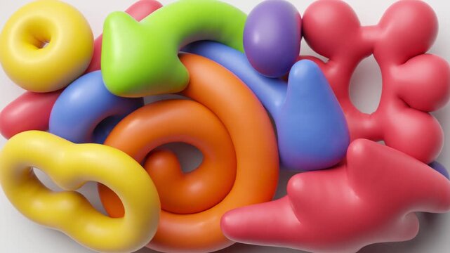 Colorful balloon like forms gradually inflate and fill a horizontal frame. Glossy shapes expand into a vibrant surreal 3D arrangement.