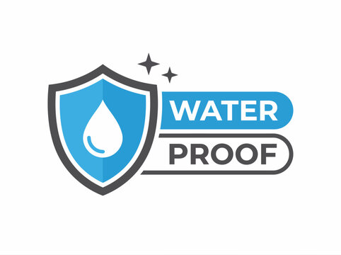 Waterproof vector badge, blue shield icon with water drop. Protection symbol graphic design element for web