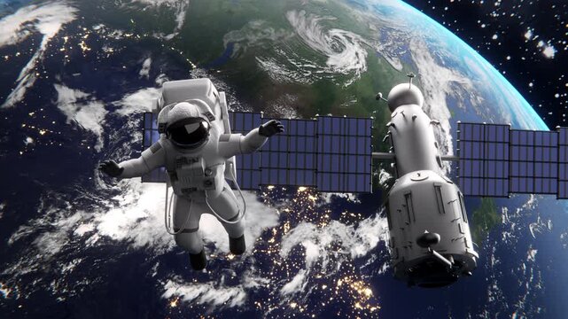 Astronaut spacewalking near space station with planet Earth view in orbit 3d rendering animation