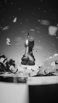 Chess animation of a king erupting from the chessboard and sending fragments into the air. Dramatic strategy visual for leadership, victory, and competitive themes. 3D render vertical video.