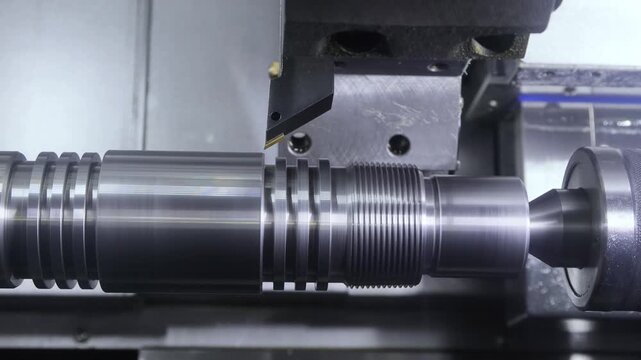 Industrial cnc lathe machine cutting grooves on metal part in factory workshop during manufacturing process.