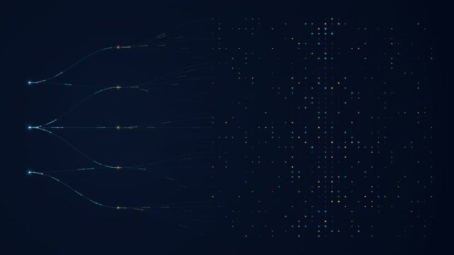 Seamless 4K loop of a complex AI neural network. Three data sources branch and route through five glowing hidden layers (hubs) before fanning out into a massive deep learning dot matrix. Dark blue bac
