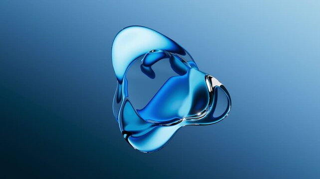 Motion of a glossy blue liquid droplet floats against a gradient blue background, showcasing smooth textures and vibrant reflections. 3d render animation.