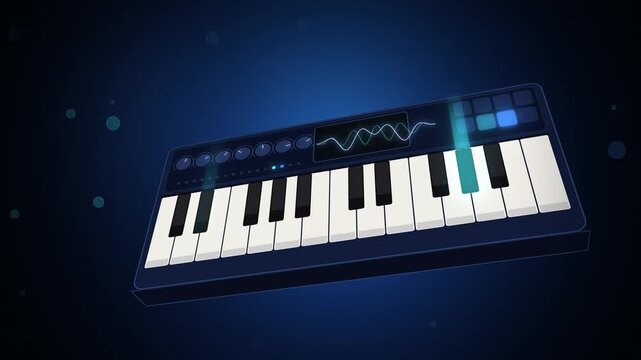 Blue angled synthesizer keyboard keys lighting up on beat drop